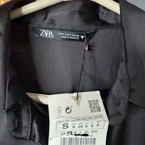 Zara Black Satin Ruched Shirt Dress Long Sleeve Button Front Size S NWT ✨ - Picture 4 of 7